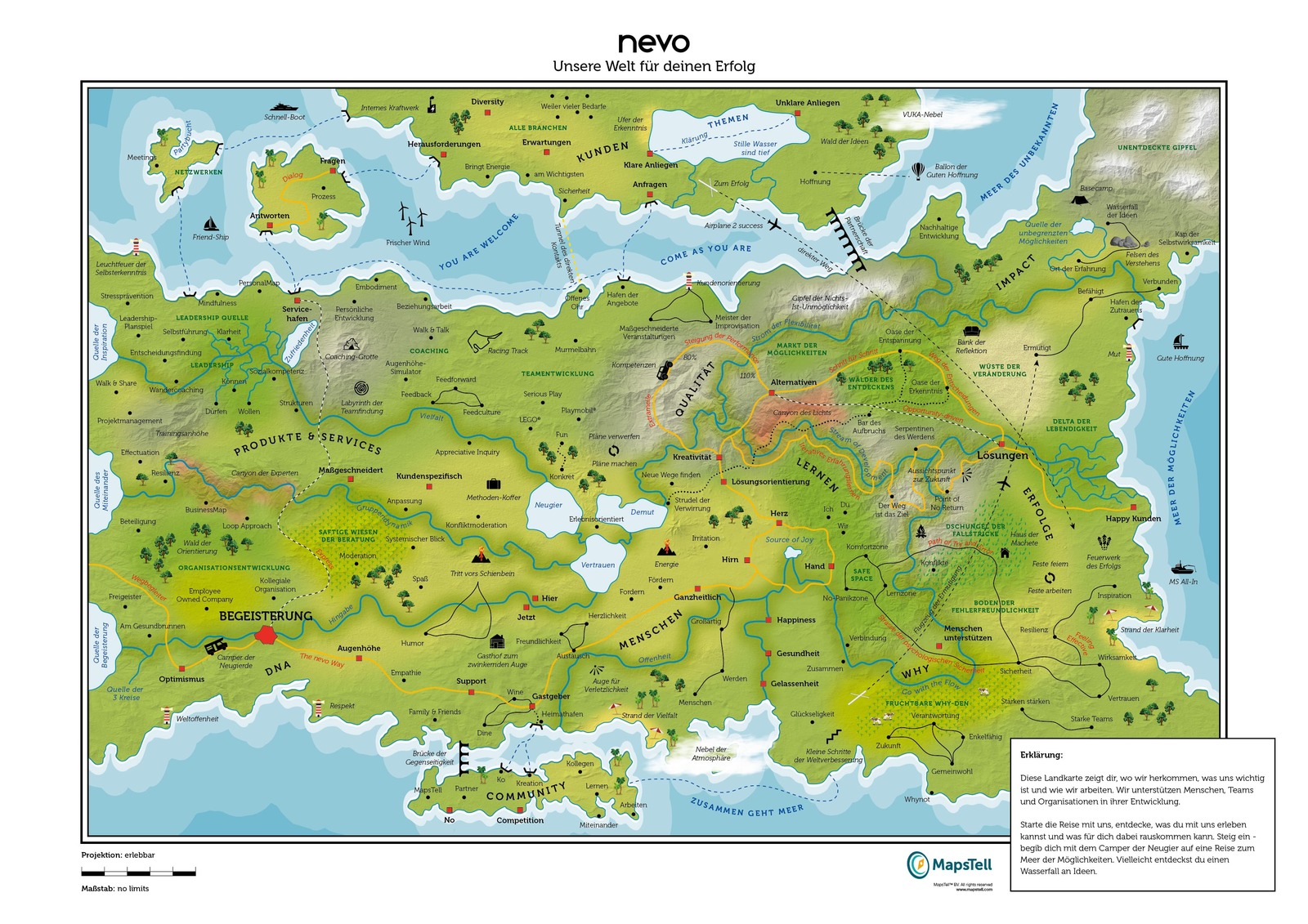 "nevo BusinessMap. Diese Landkarte zeigt, wo wir herkommen, wie wir arbeiten und was
            uns wichtig ist. Wir unterstützen Menschen, Teams und Organisationen in Ihrer Entwicklung"
